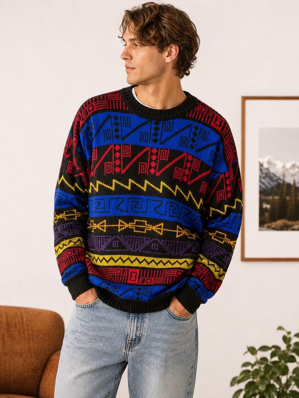 VTG Demetre Mens L Geometric Knit Sweater Abstract Southwestern Crew Neck Wool